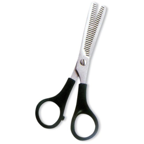 Thinning Scissor. Double Blade Teeth. Plastic Handle. Satin Finish.